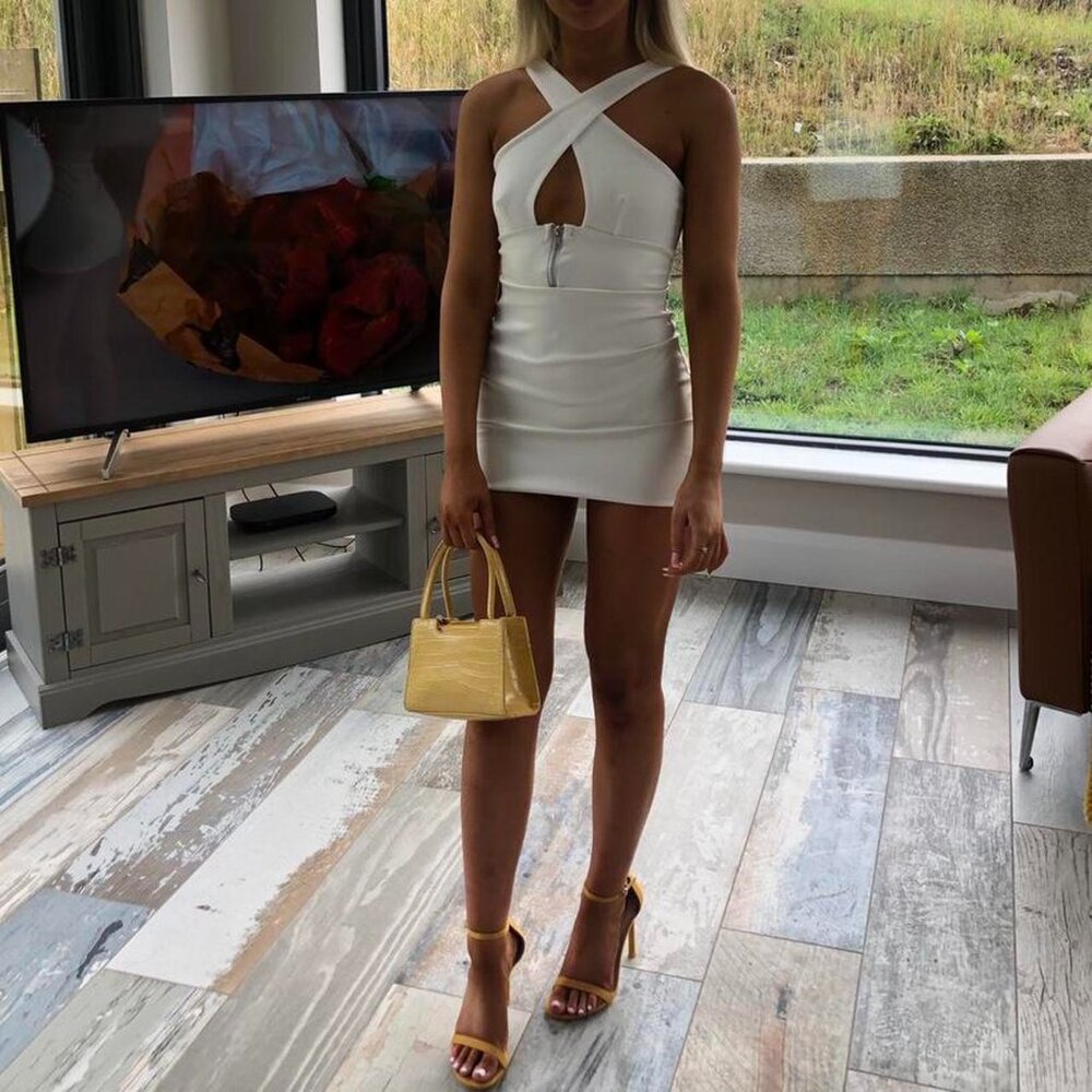 PrettyLittleThing Cream PU Zip Detail Cross Bodycon Dress